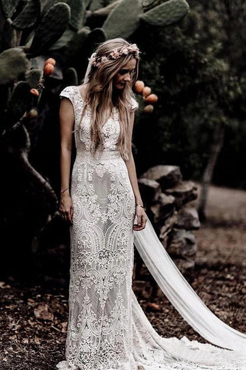 Cap Sleeve Sheath Boho Wedding Dresses Vintage Lace Rustic Wedding Dress,MW314